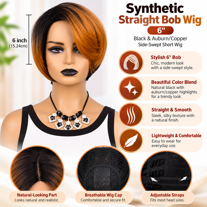 Synthetic Straight Bob Wig – 6″ – Black & Auburn/Copper – Side-Swept Short Wig Clessenza Beauty Store