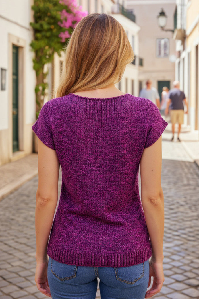 Top pull sans manches  col V fuchsia