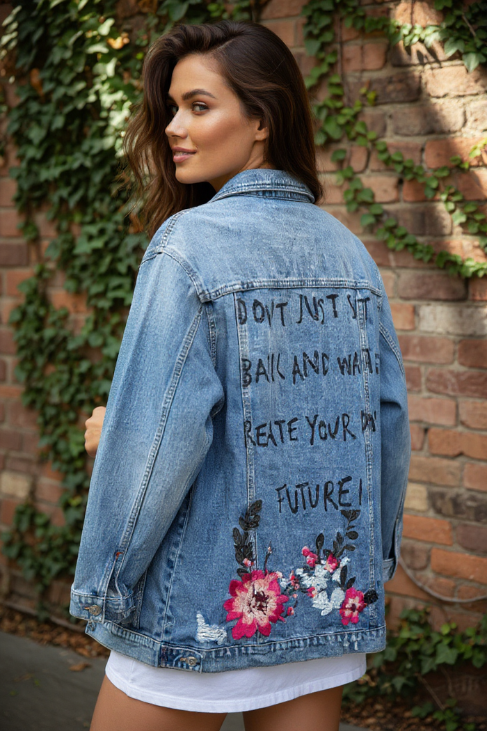 Veste longue en jean destroy avec broderies et message