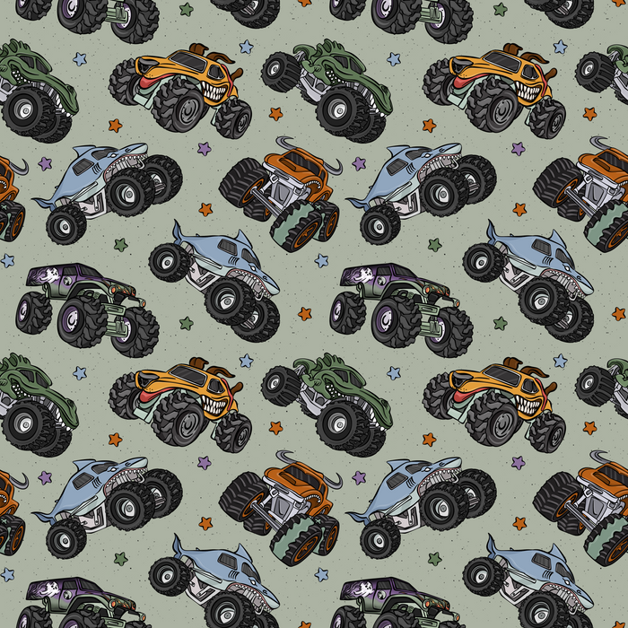 Pattern of colorful monster trucks on a light green background