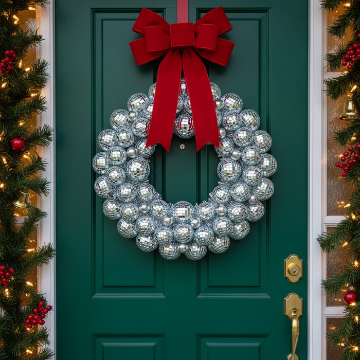 XMAS- Set Disco Kerstdecoratie – Zilveren Discobal Kerstboom 42 cm & Kerstkrans Ø40 cm – Kerstversiering