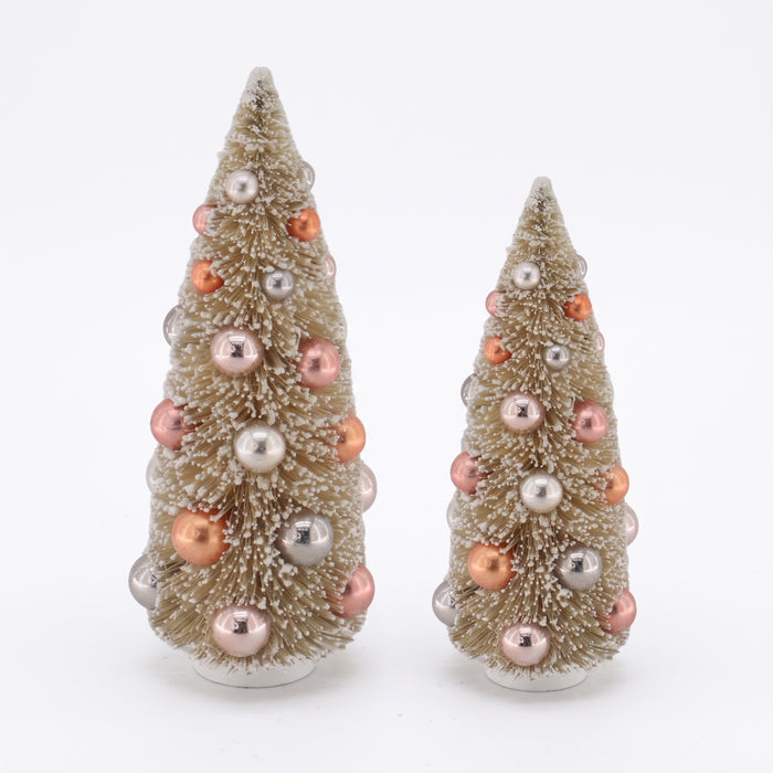 XMAS- Set van 2 Beige Kunst Kerstboompjes met gekleurde ballen -11x23 cm en 12,5 x 30 cm